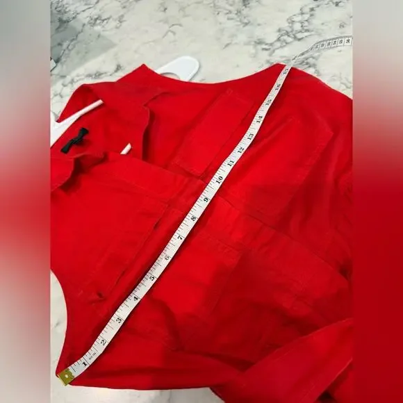 J. Crew Red Cotton Button Down Collar Pockets Sleeveless Belted Tiered Dress- 6 - Picture 6 of 11